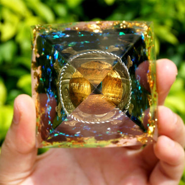 #105-Handmade Obsidian & Tiger Eye Silver Ring Crystal Sphere 'COURAGE' ORGONITE Pyramid